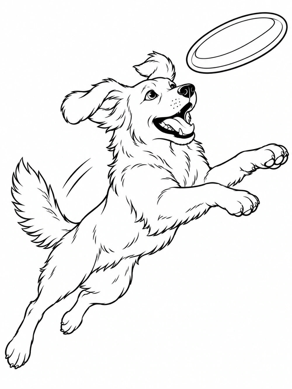 A friendly dog jumps diagonally toward a frisbee in black-and-white line art, with a white background and two motion curves.