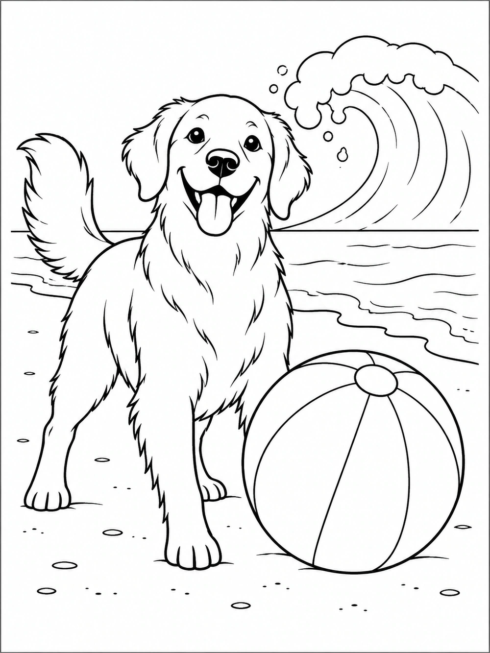 Black outline coloring page of a happy dog standing next to a large beach ball on a simple shoreline, with a curling wave behind it.