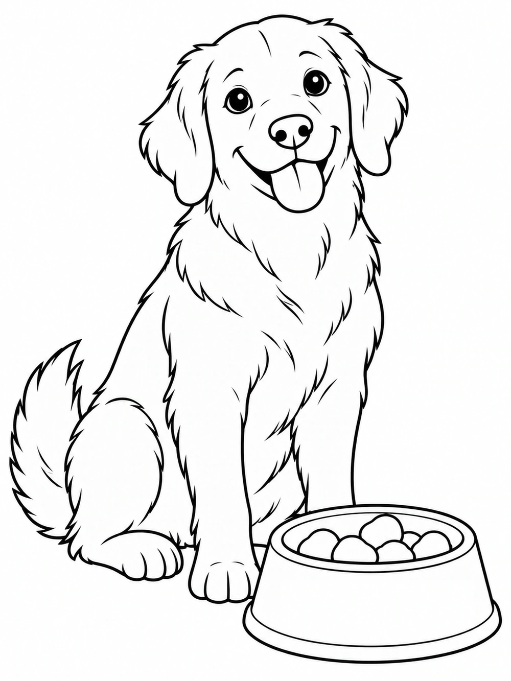 A smiling seated dog with a fluffy coat and wagging tail beside a large bowl of kibble, drawn in black line art on a white portrait page.