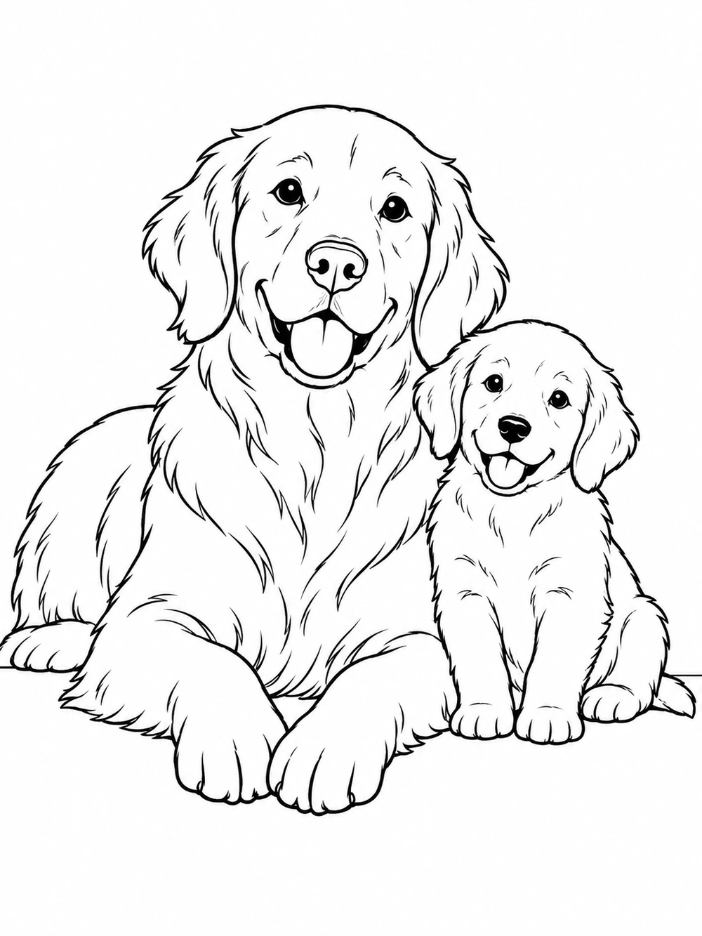 A black-and-white coloring page illustration of an adult dog lying beside a small seated puppy.