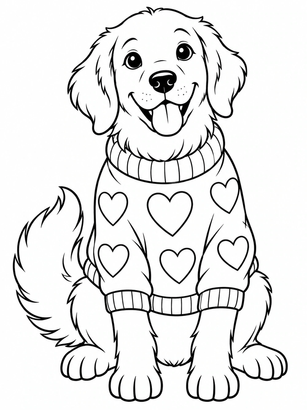 A happy dog wearing a cozy sweater decorated with large hearts.