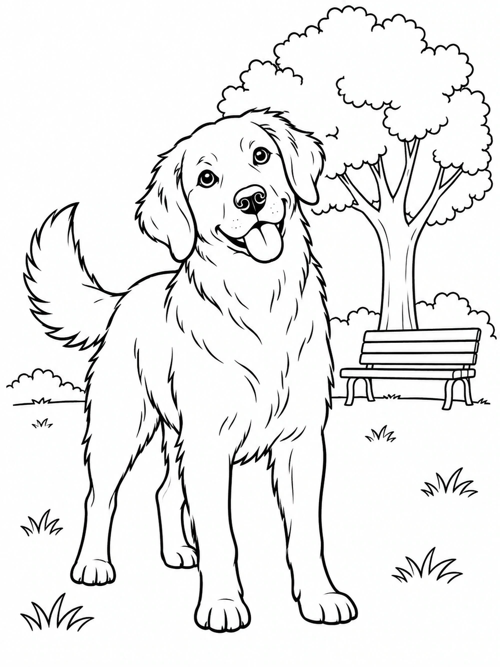 A curious dog in a park scene with a simple bench and leafy tree.
