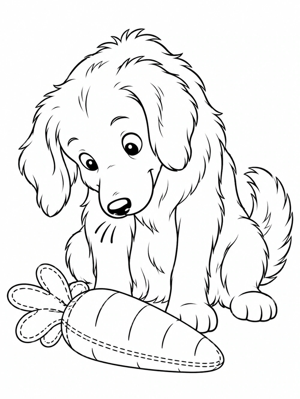 Black line art of a seated, fluffy dog sniffing a large stitched carrot-shaped toy on a white page.