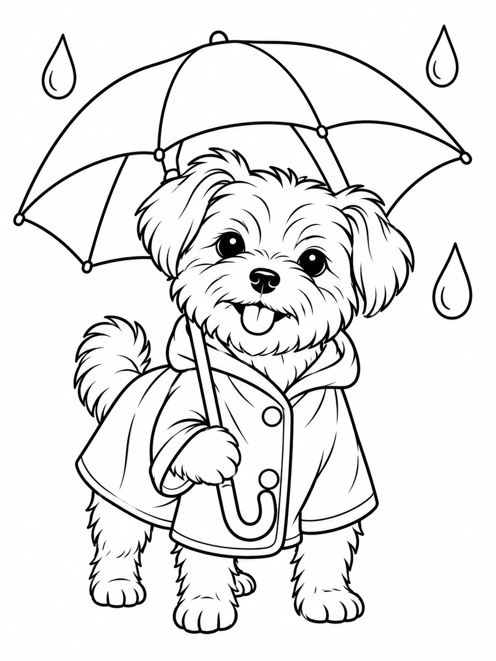 A small dog in a raincoat beneath an open umbrella, drawn for coloring.