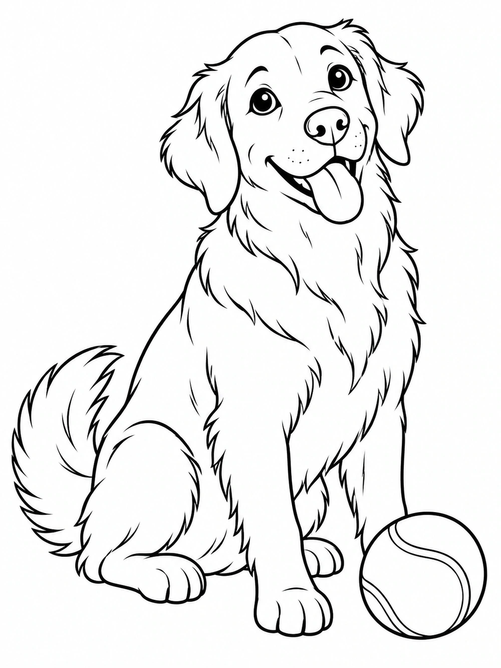 A friendly dog sitting beside a large tennis ball in a clean coloring page.
