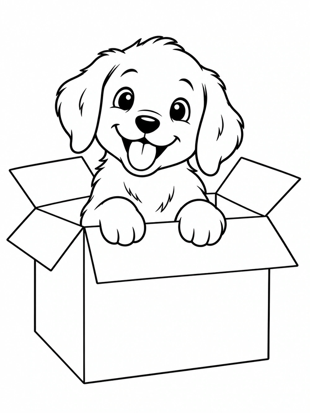 A smiling floppy-eared puppy rests both front paws over the edge of an open cardboard box, in a black-and-white coloring page.