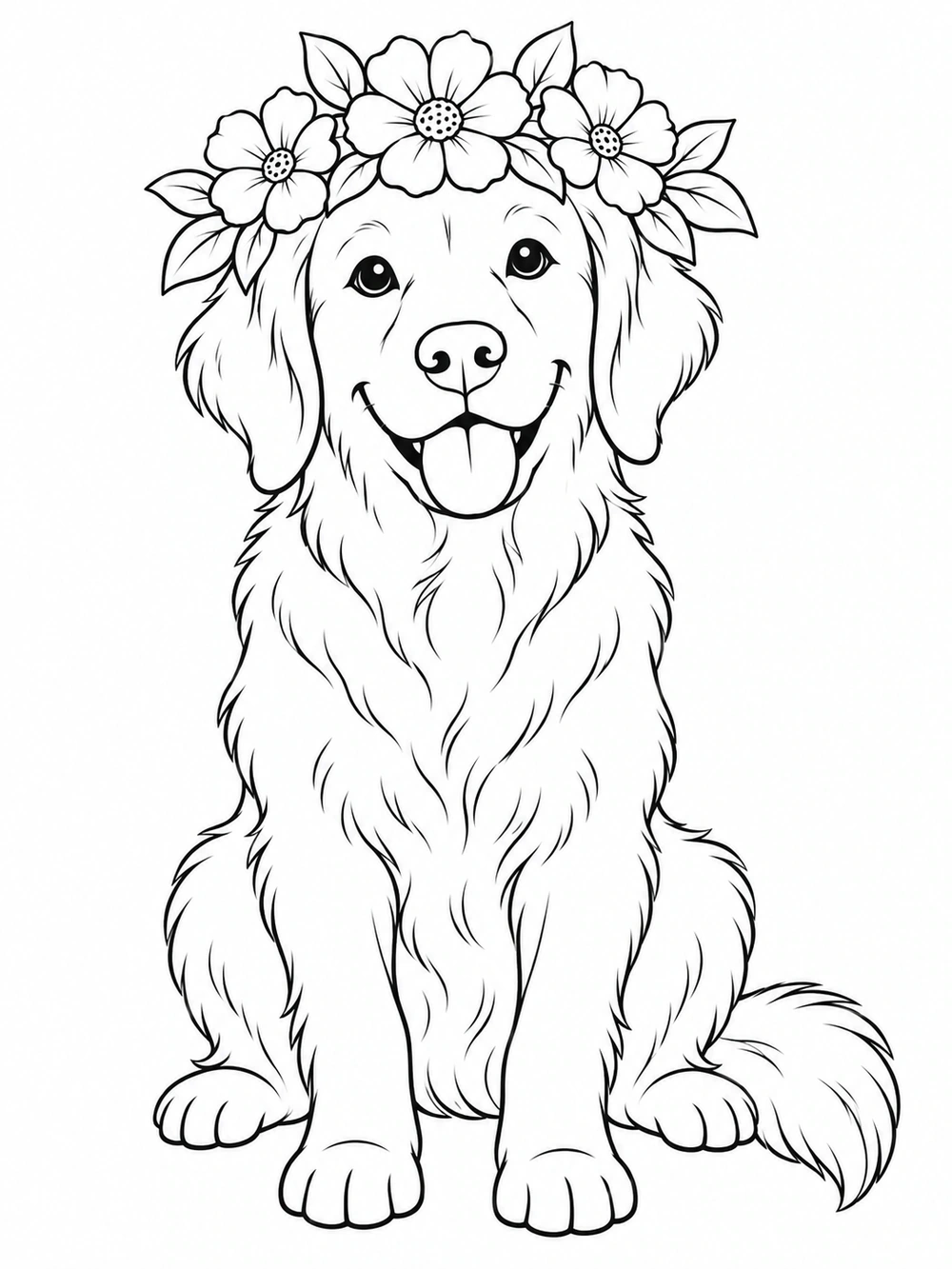 Black line art of a smiling, fluffy dog sitting with a flower crown on a white background.