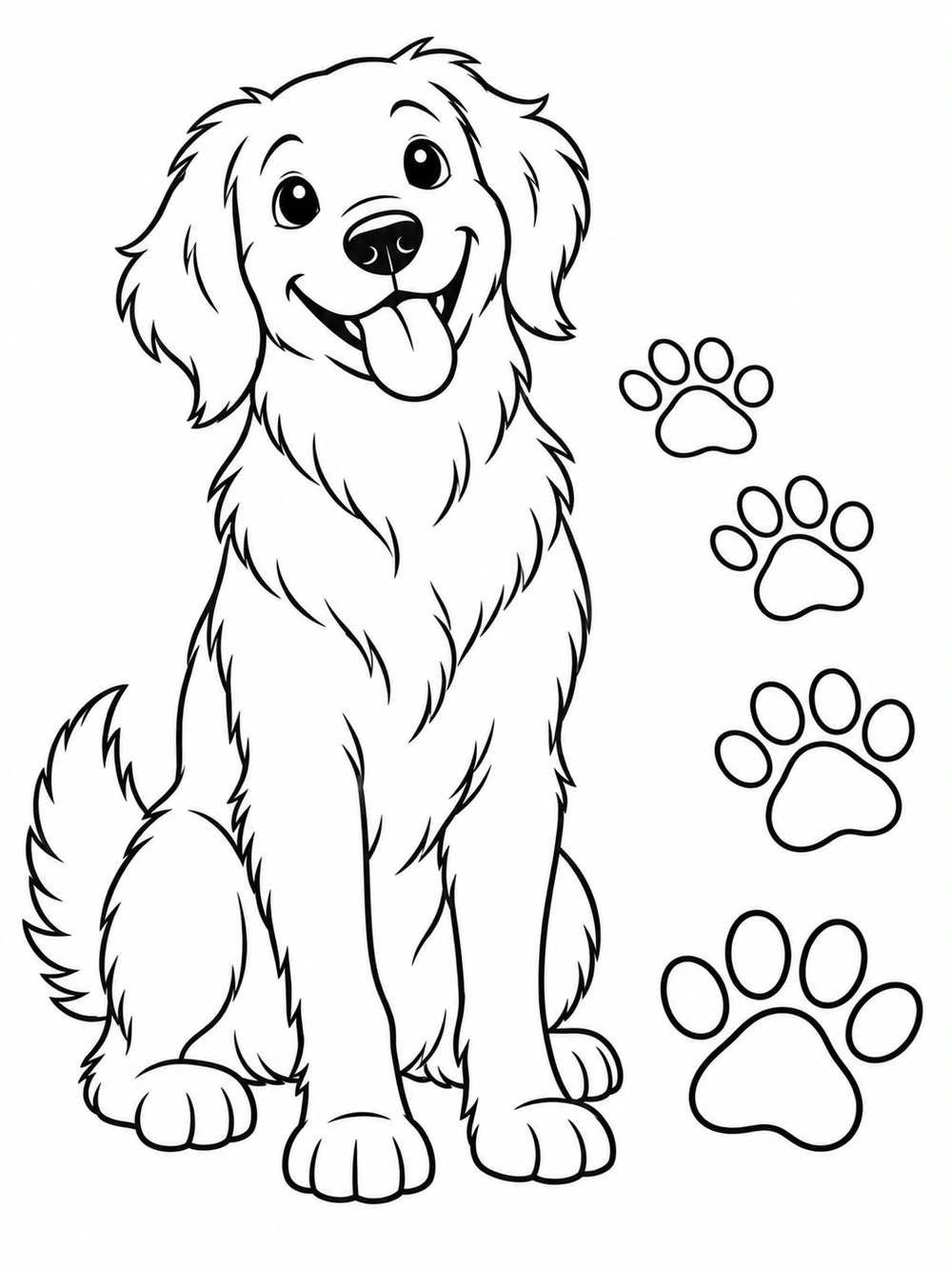 A happy seated dog beside a short trail of large paw prints.