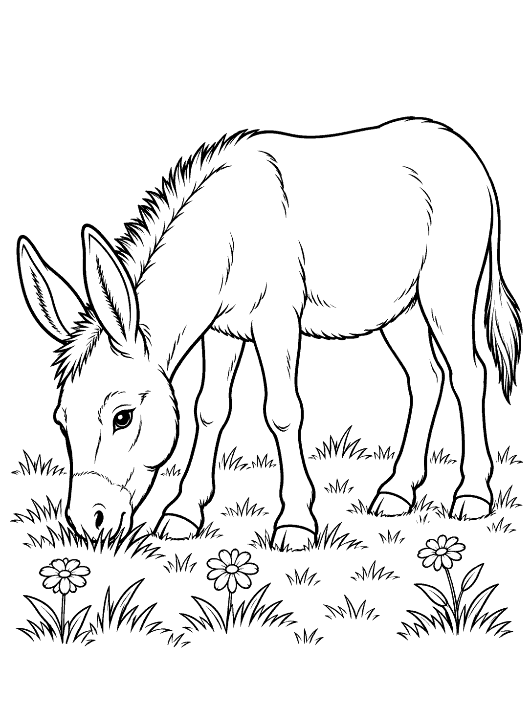 Black-and-white coloring page of a donkey grazing in a meadow with three wildflowers.
