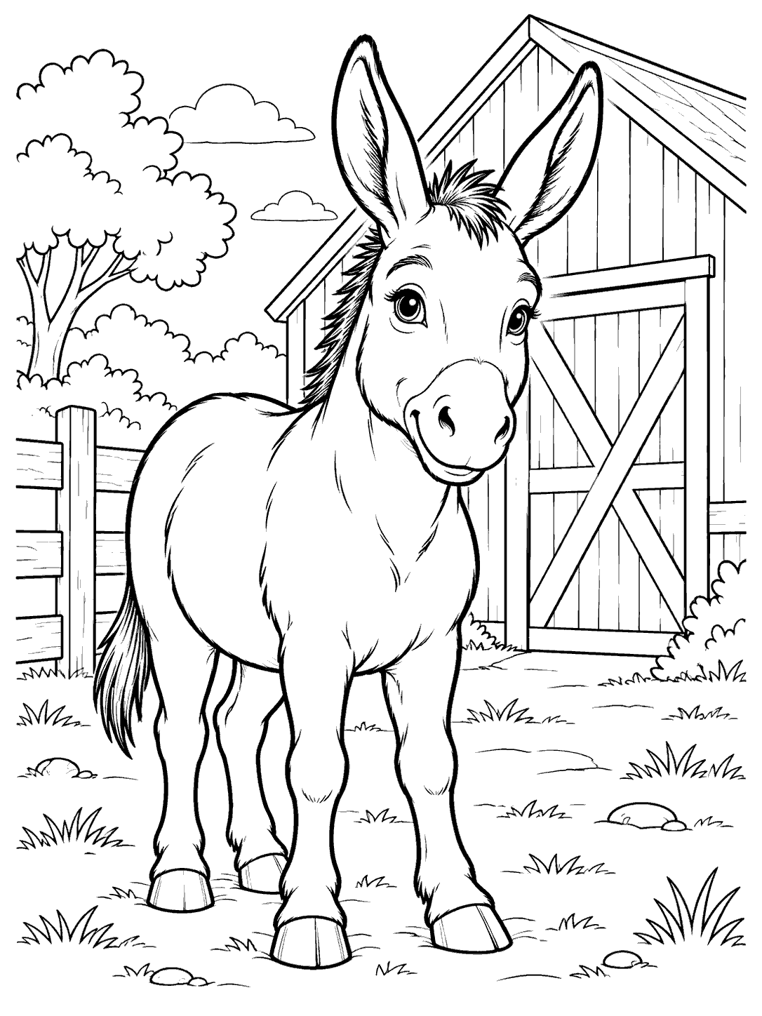 Front three-quarter view of a donkey standing beside a barn and fence coloring page