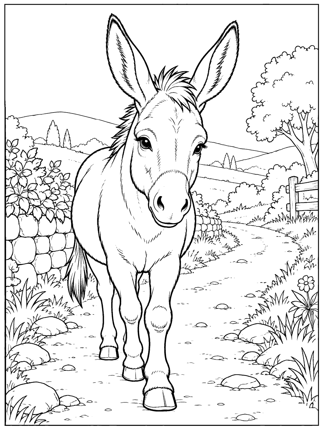 Donkey walking toward the viewer on a stone-lined country path coloring page