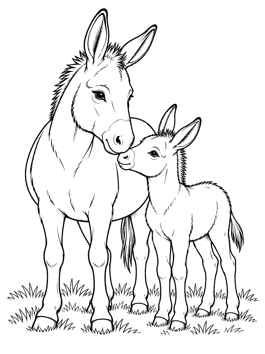 Adult donkey standing beside a smaller foal nuzzling its shoulder, in a black-and-white coloring page.