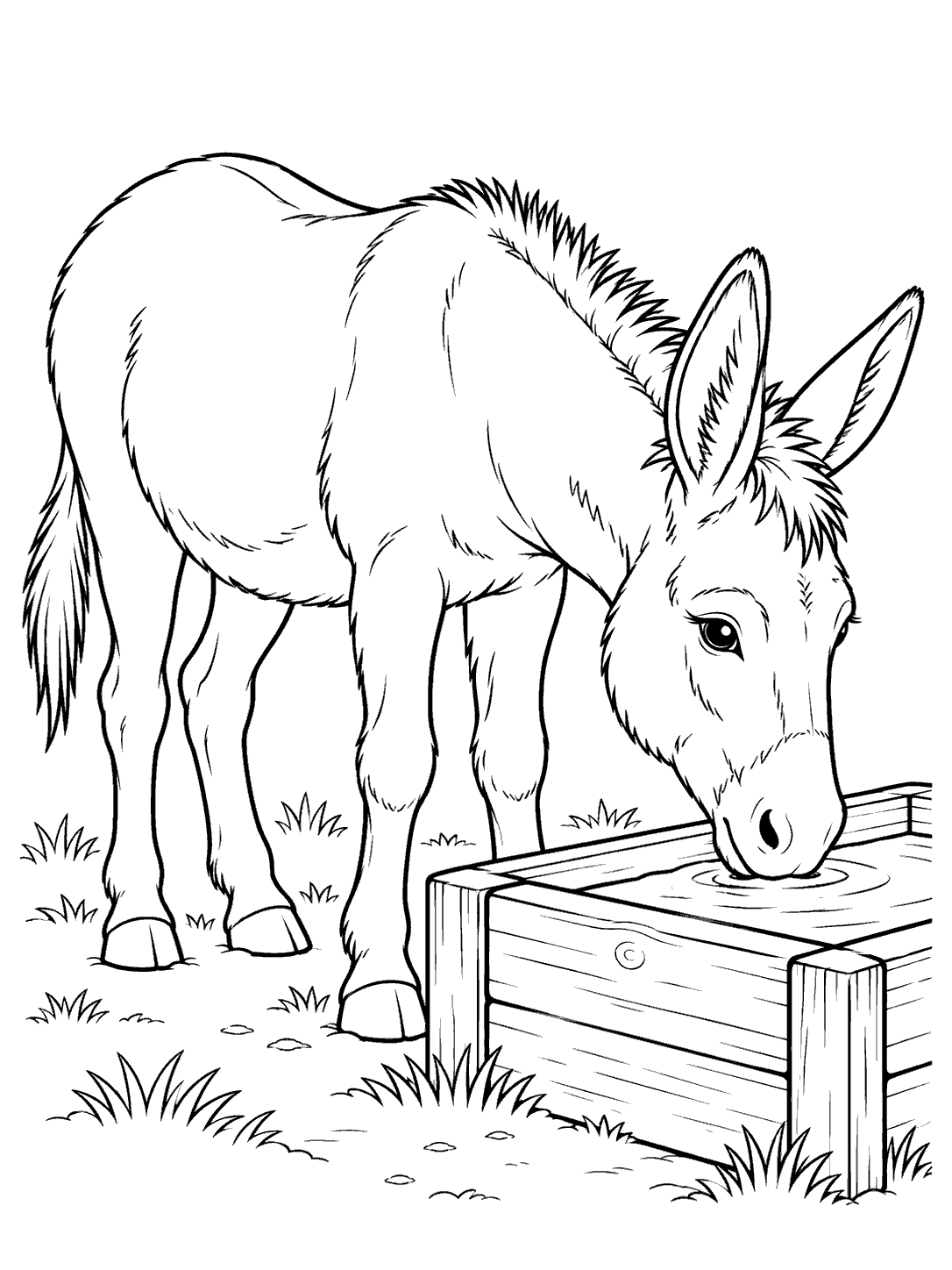 Donkey drinking from a farm water trough coloring page