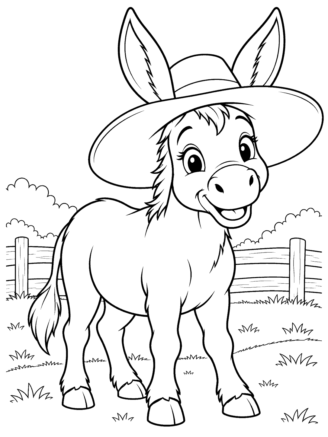 Smiling donkey wearing a wide-brimmed farm hat, standing by a fence on a coloring page