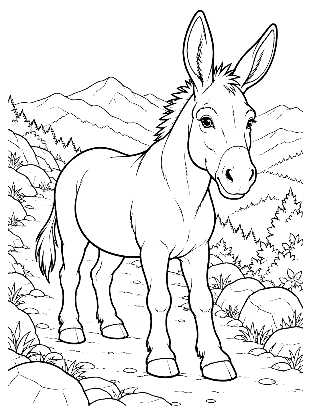 Black-and-white donkey coloring page with distant peaks, rocks, and trail plants.