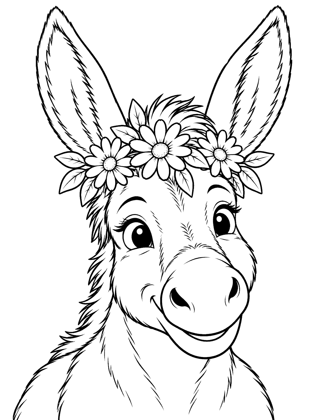 Smiling donkey portrait with long ears and a daisy crown coloring page