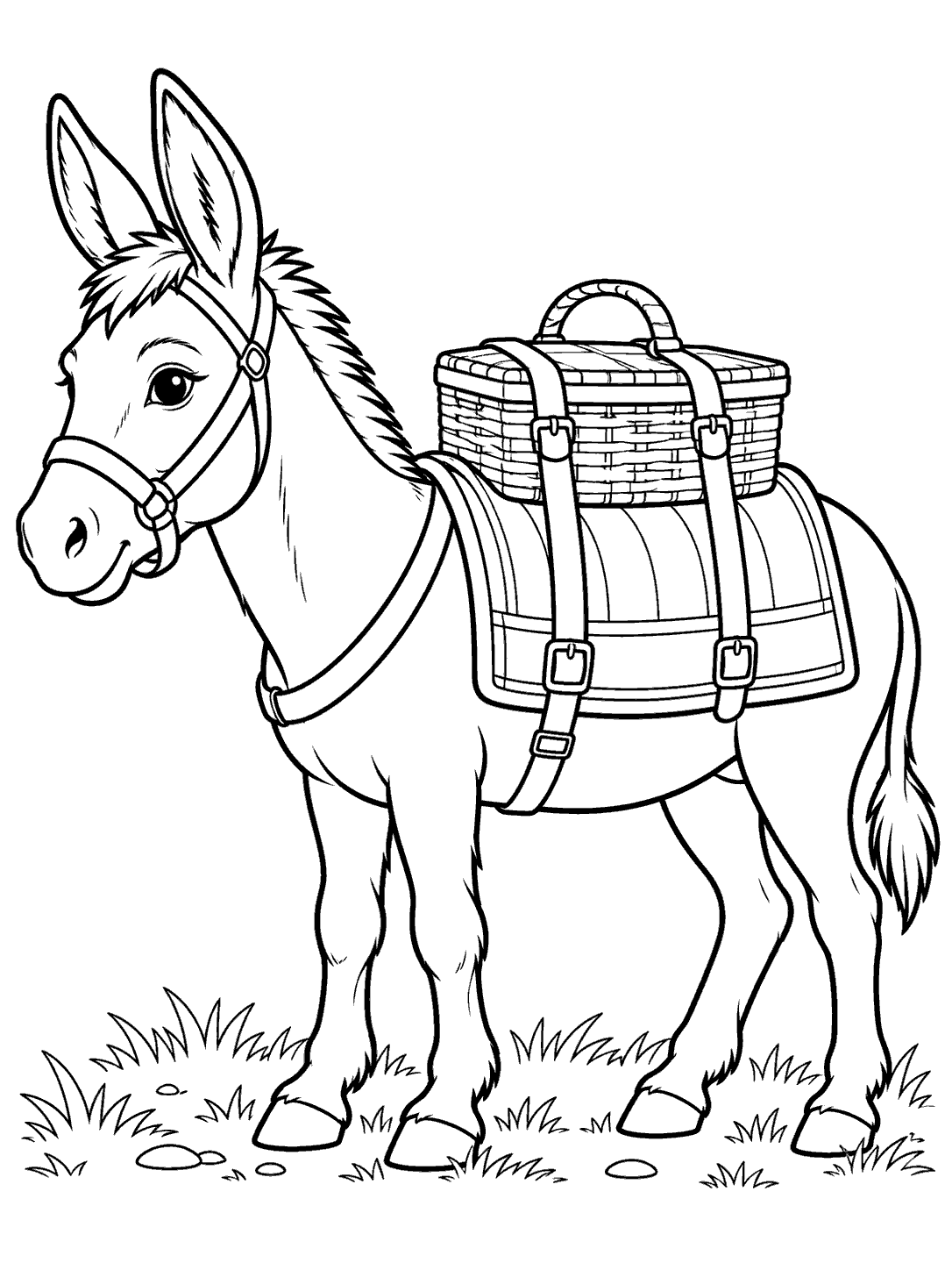 Side-view donkey carrying a strapped picnic basket on a grassy coloring page