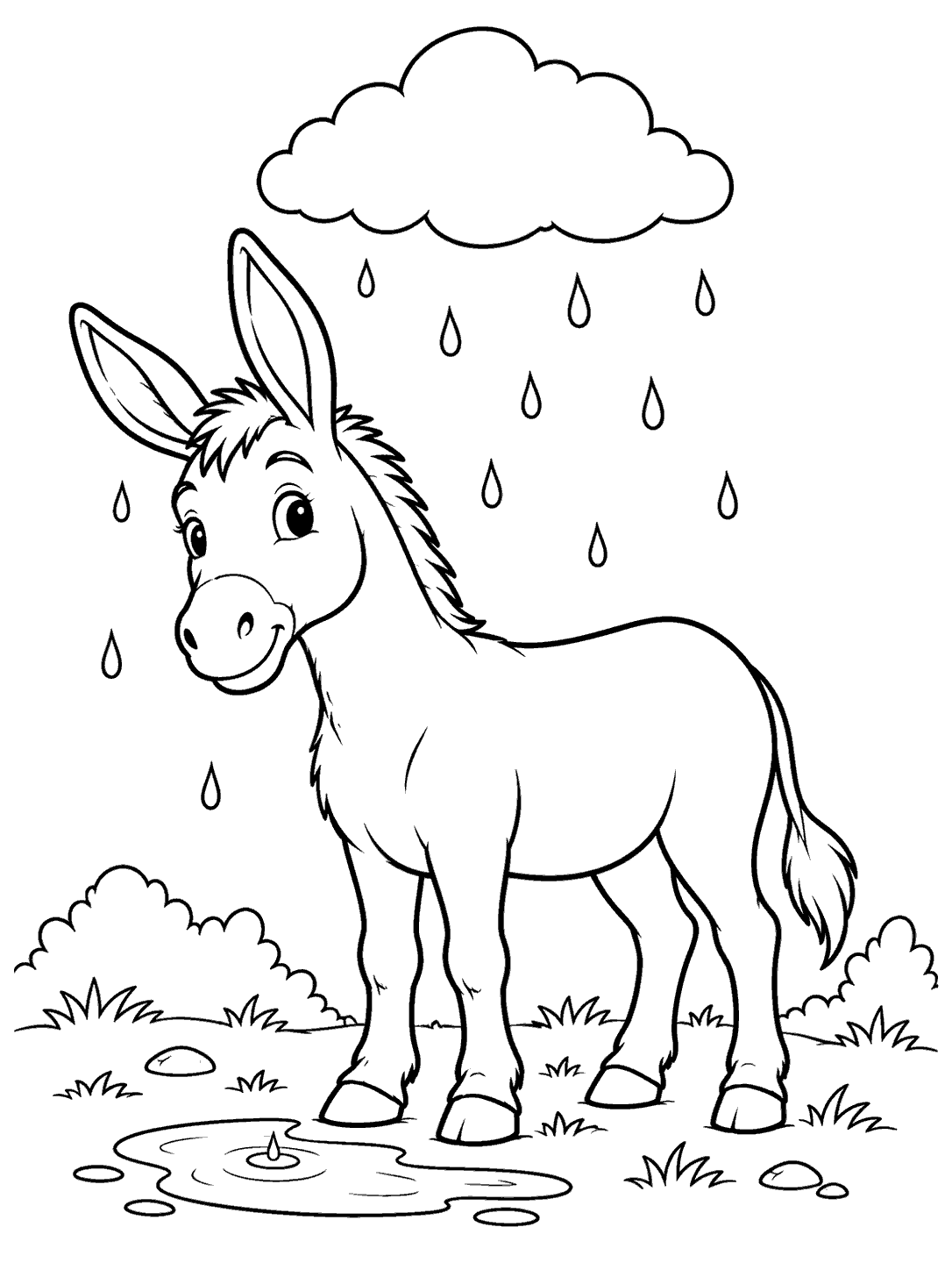 Full view of a donkey standing beneath a rain cloud with raindrops, a small puddle, and grass, in black-and-white coloring page line art.