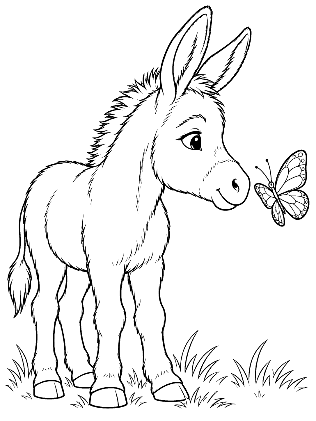Donkey looking at a butterfly coloring page