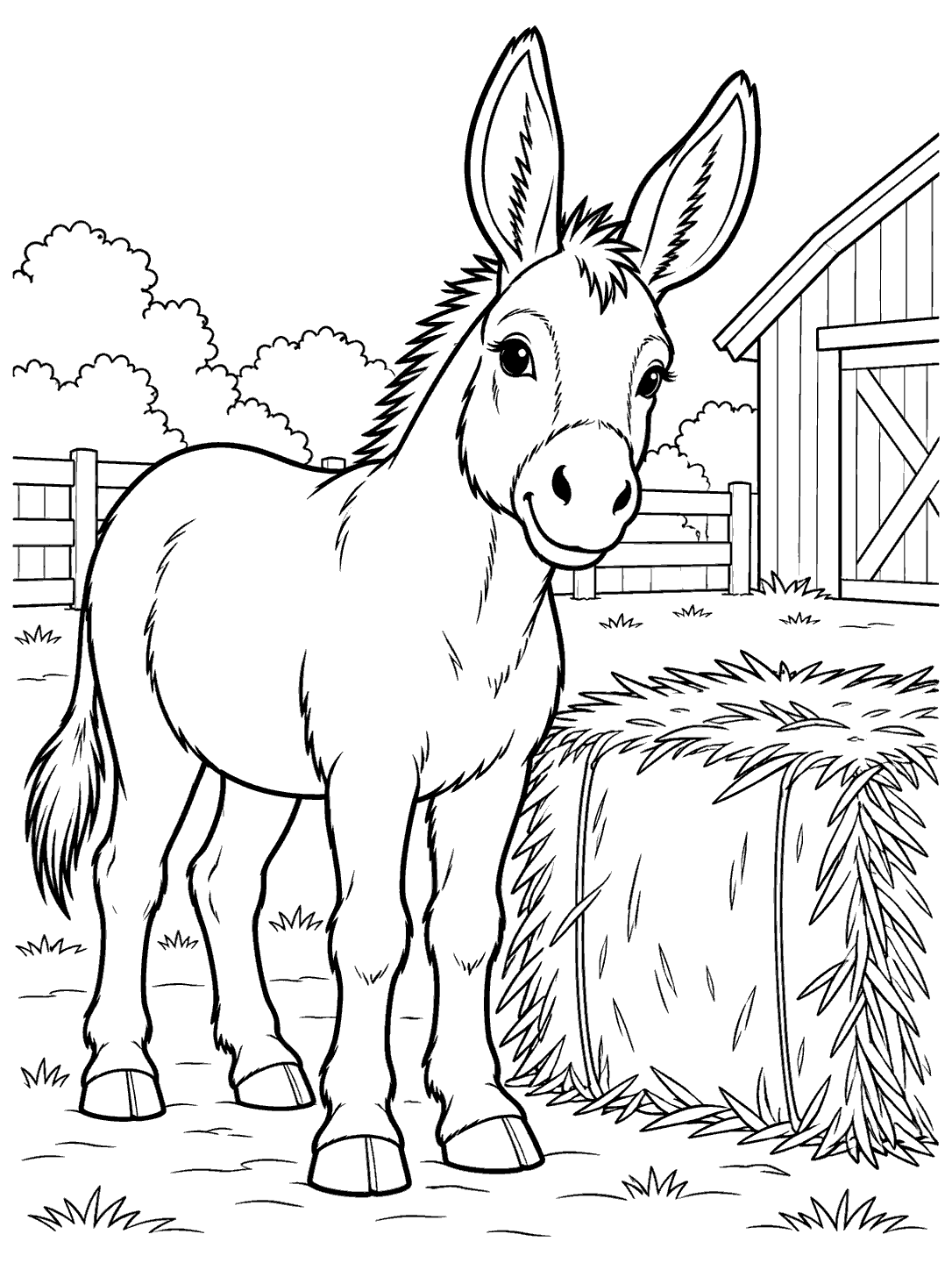 Full-body donkey beside a hay bale in a farmyard coloring page