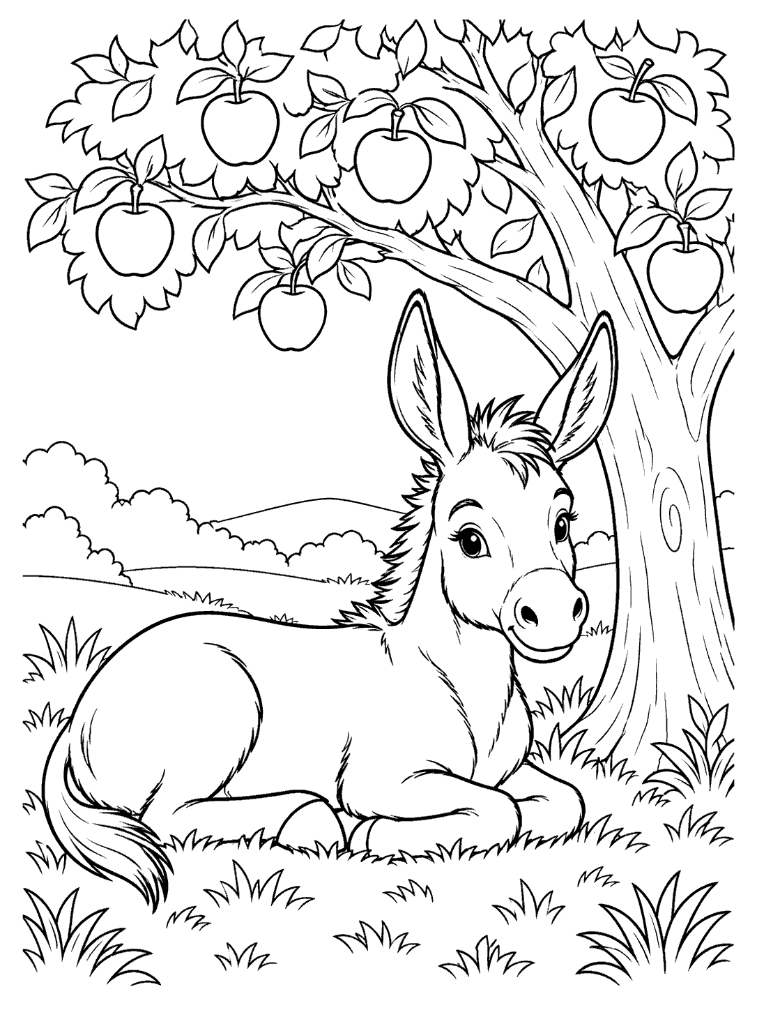 A donkey with tucked legs rests beneath an apple tree with outlined fruit.