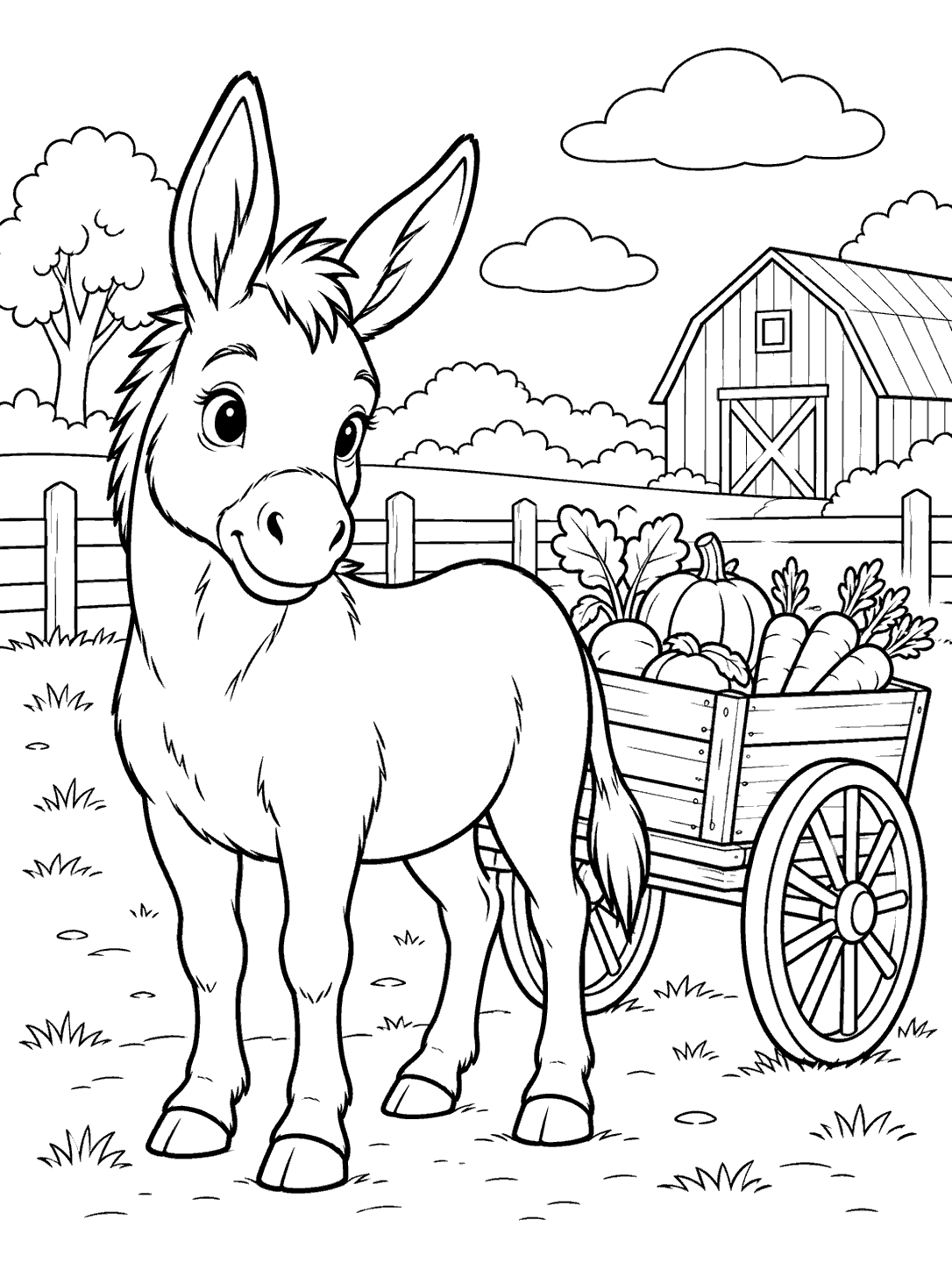 Donkey beside a vegetable cart in a farm coloring page