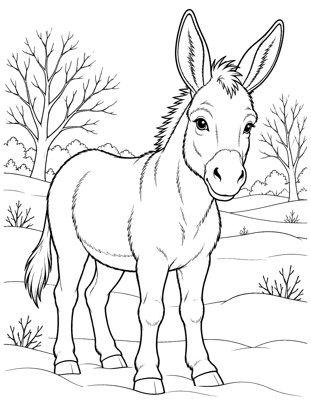 Black-and-white coloring page of a donkey standing in a snowy field with bare trees