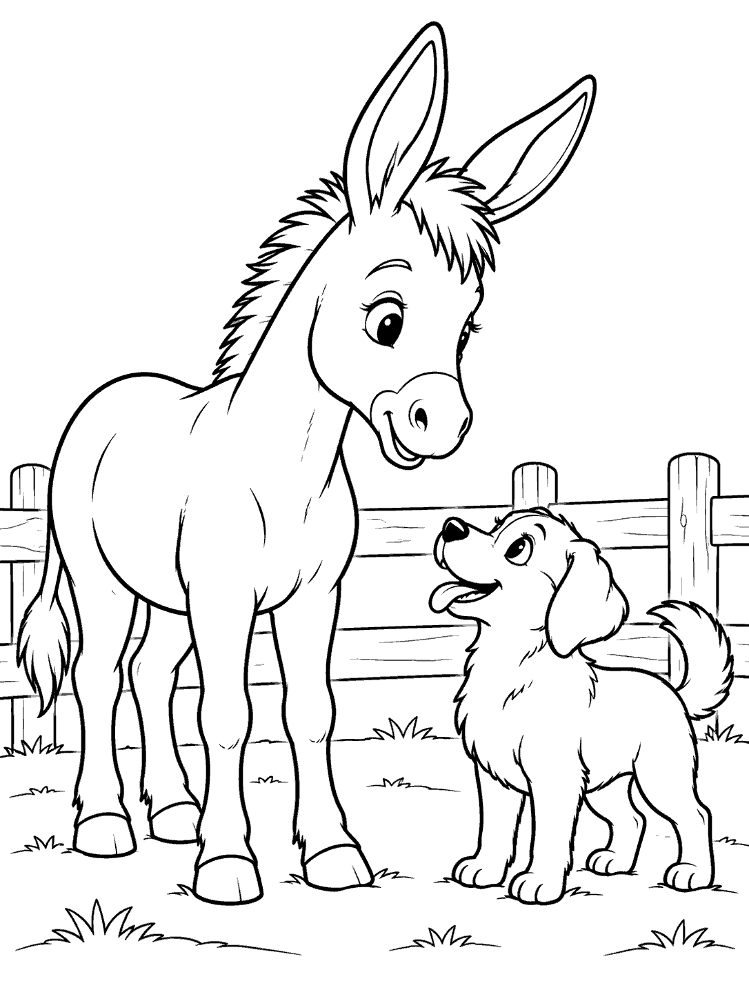 Black-and-white coloring page of a donkey facing a small friendly dog in a fenced yard.
