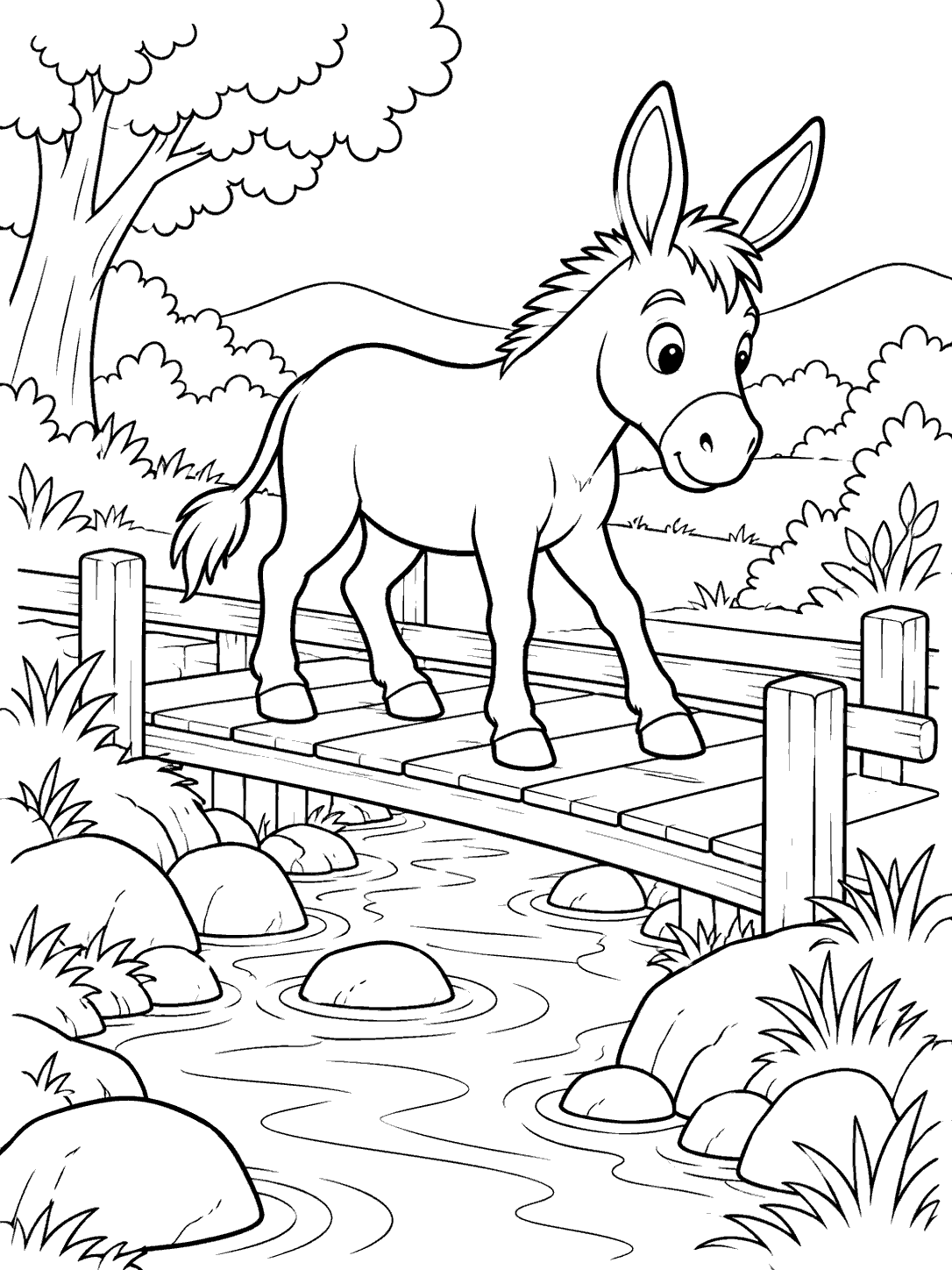 Black and white donkey coloring page showing a donkey with all four legs visible on a wooden bridge over a rocky stream, with trees and plants nearby.