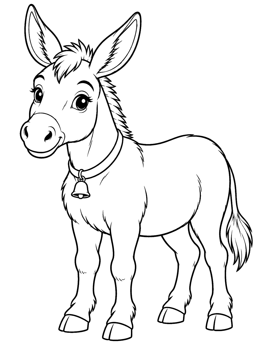 Full-body donkey wearing a bell collar on a white coloring page