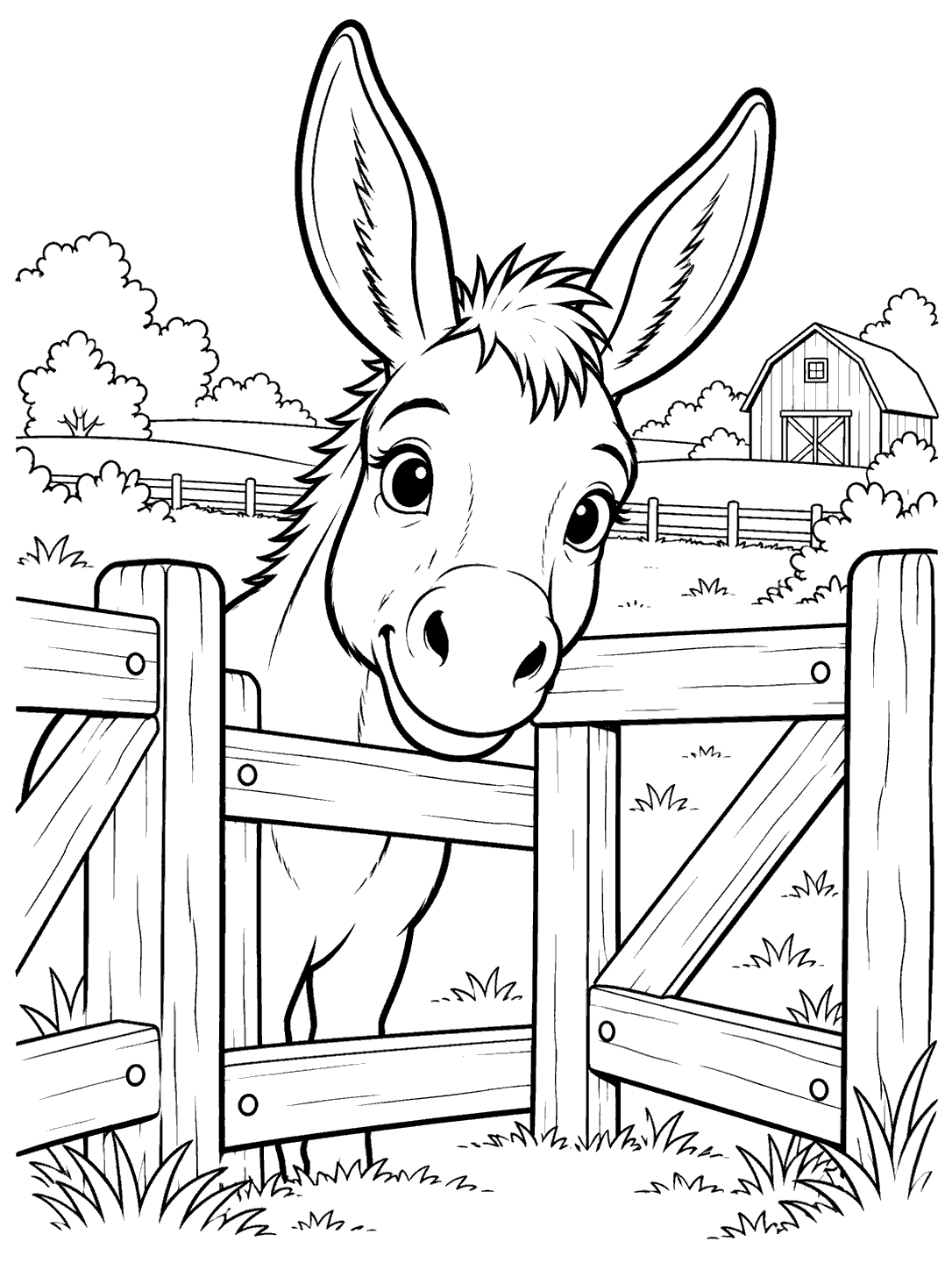 Black-and-white donkey peeking over an open farm gate, with a barn and fields behind it, coloring page