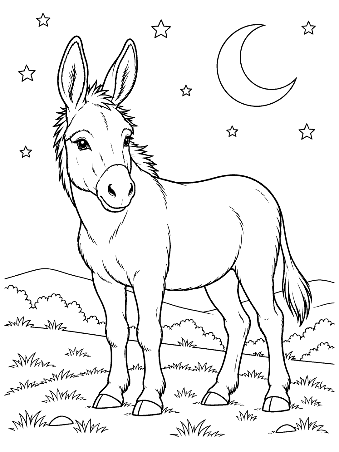 Donkey standing on a grassy hill beneath a crescent moon and outlined stars coloring page