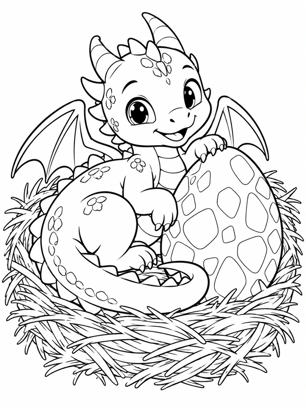 Friendly baby dragon curled beside a large patterned egg in a straw nest coloring page