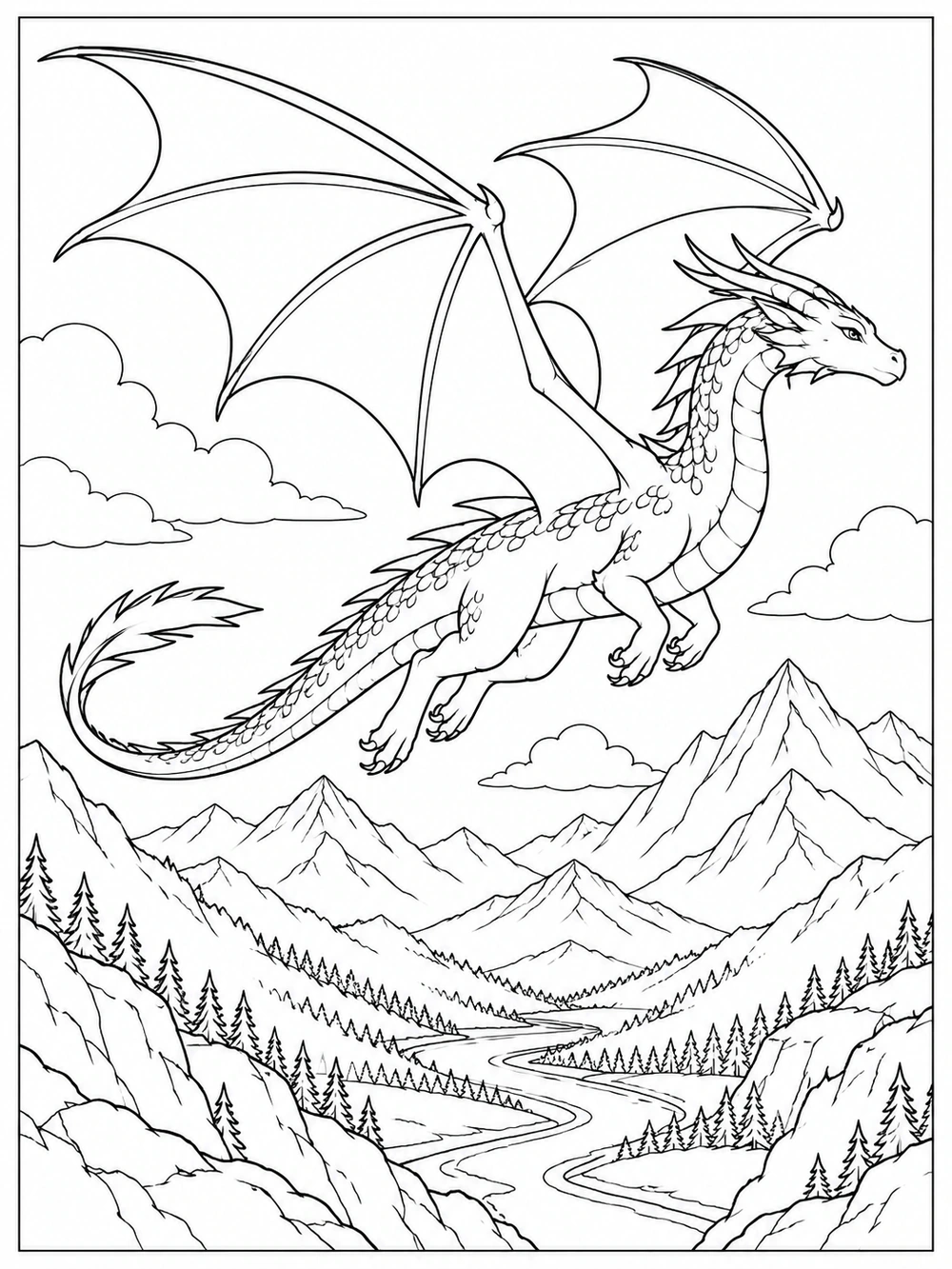 Winged dragon flying over a mountain valley coloring page