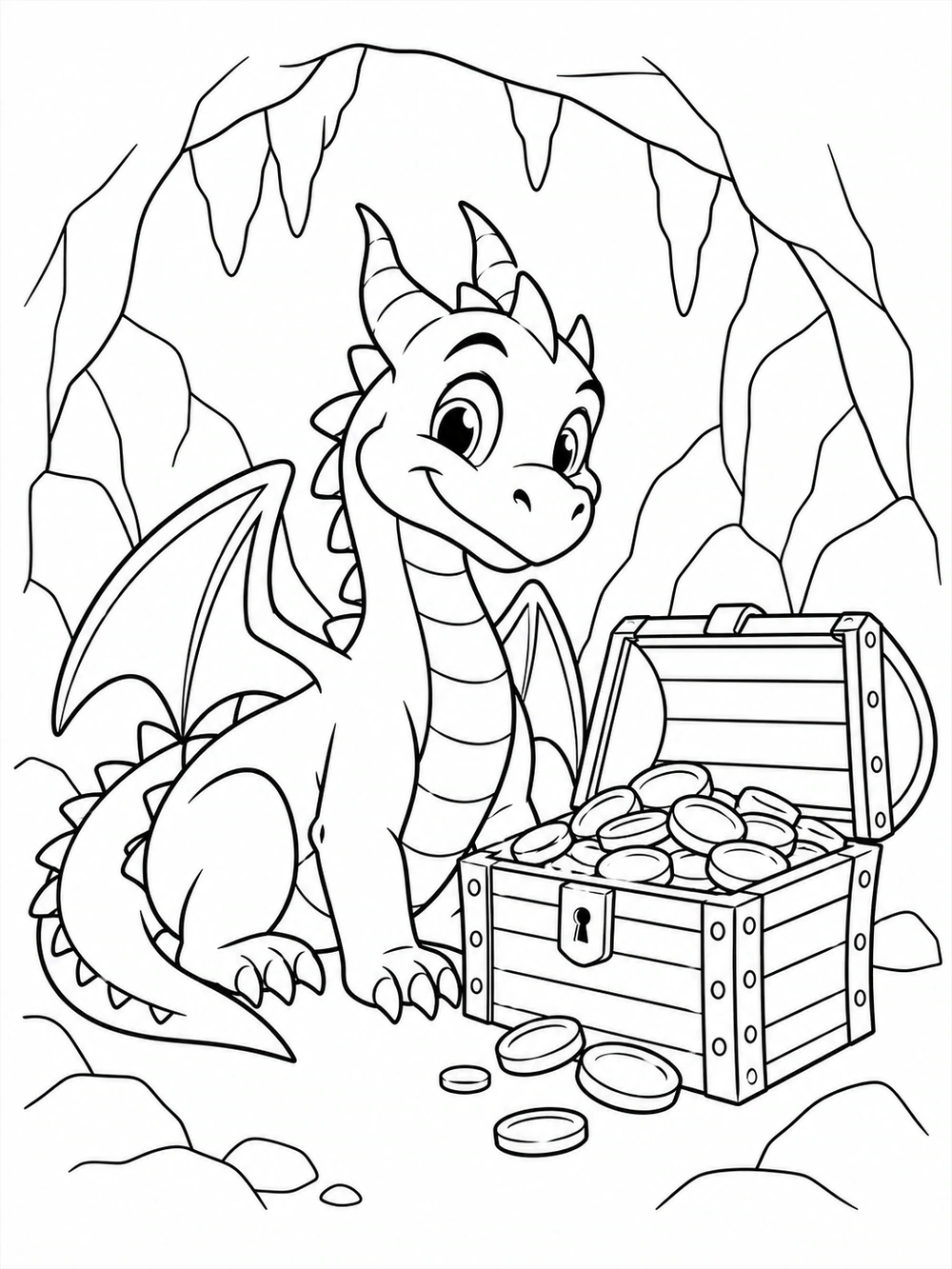 Friendly seated dragon beside an open coin-filled treasure chest in a stone cave, outlined for coloring