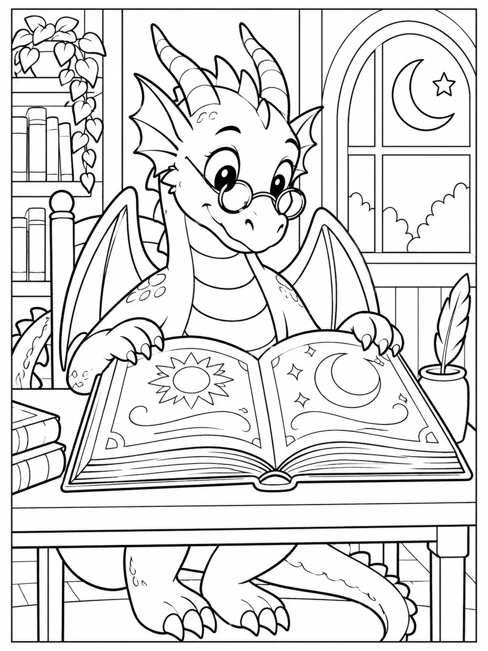 A gentle dragon with round spectacles reads a decorated open book at a desk beside a window with a crescent moon and star.