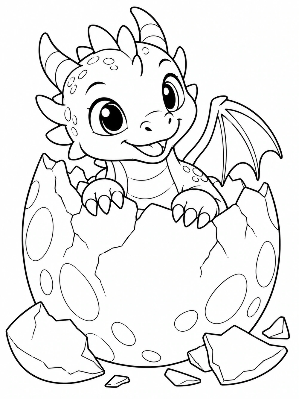 Curious dragon hatchling emerging from a cracked egg coloring page