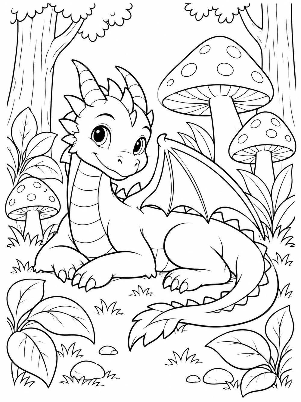 Young dragon resting among three mushrooms, broad-leaf plants, and tree trunks in a forest coloring page