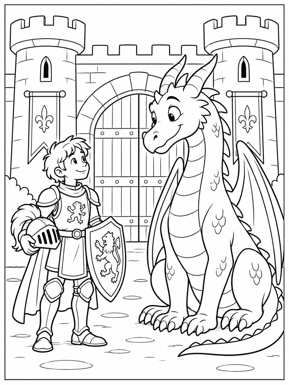 Friendly dragon greeting a young knight outside a castle coloring page