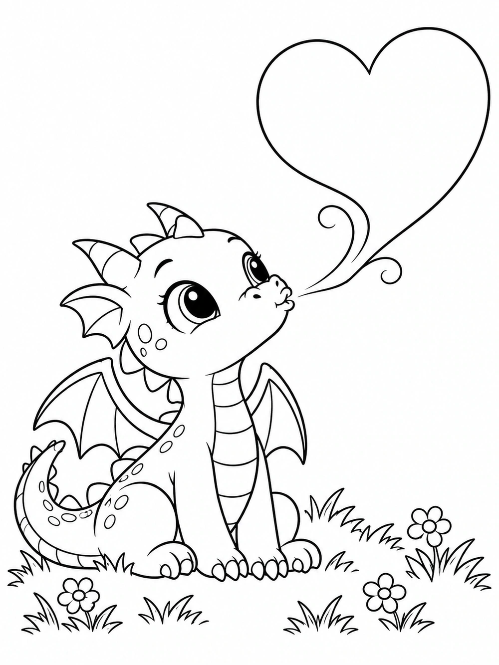 Cheerful little dragon blowing a large heart-shaped puff while seated among grass and flowers, in a black-and-white coloring page.