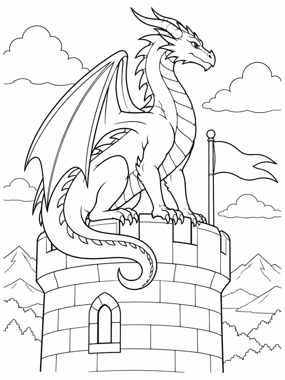 Watchful dragon perched on a castle tower coloring page