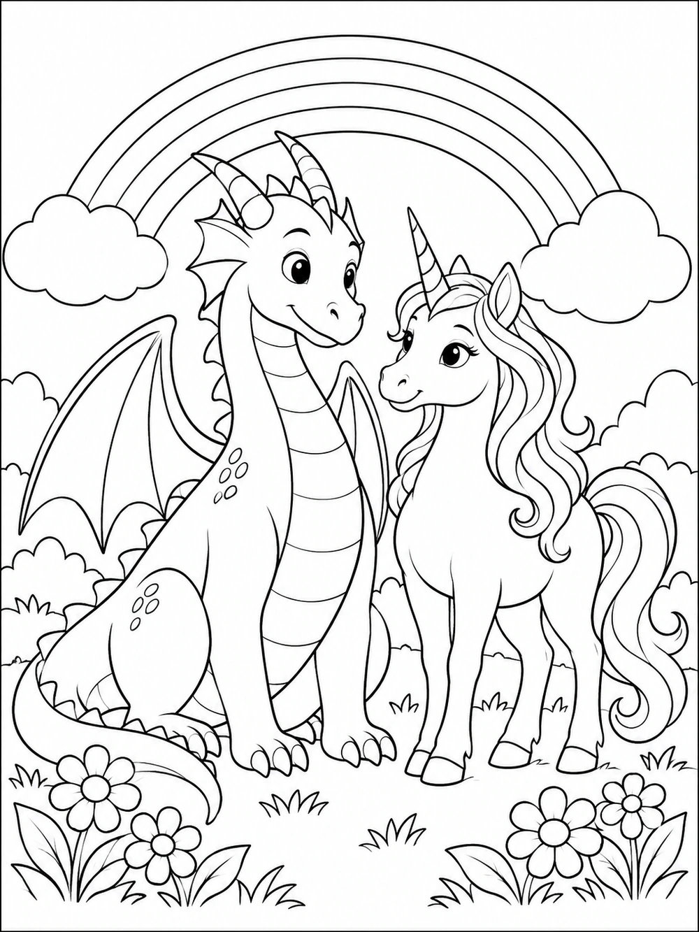 Friendly dragon and unicorn standing beneath a rainbow with clouds and flowers in a black-and-white coloring page