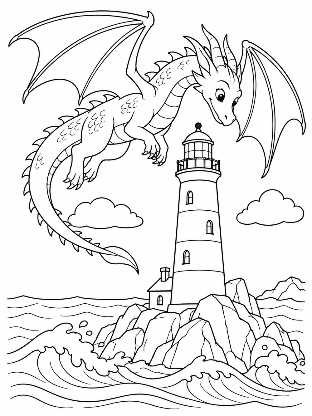 Curious dragon flying around a seaside lighthouse coloring page