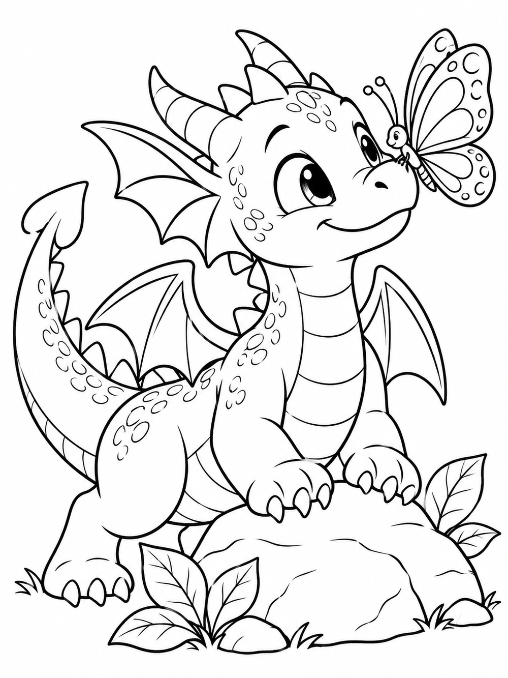 Small dragon with its paws on a rock as a butterfly rests on its nose, with leaves nearby.