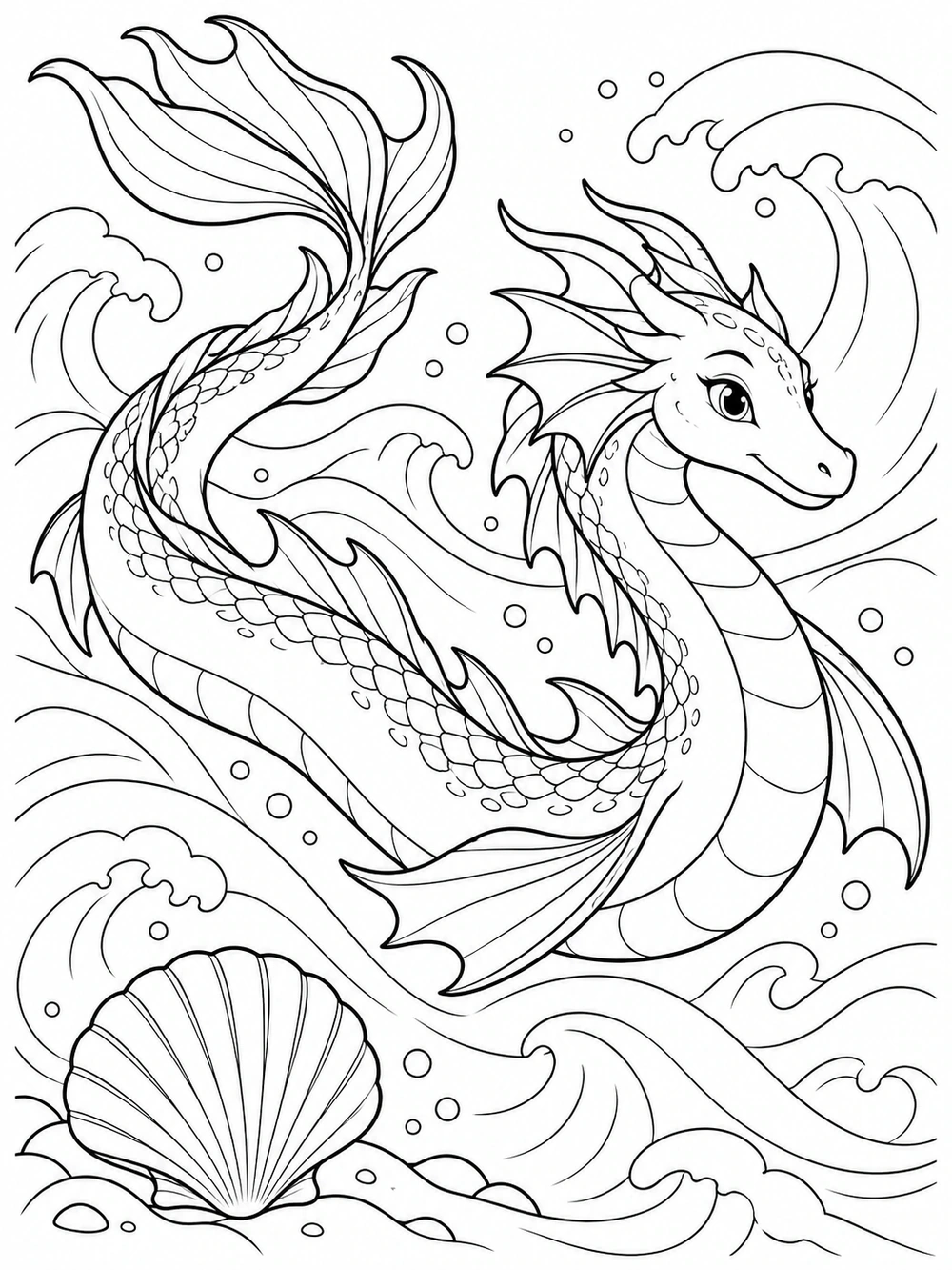 Long sea dragon swimming through waves beside a shell coloring page