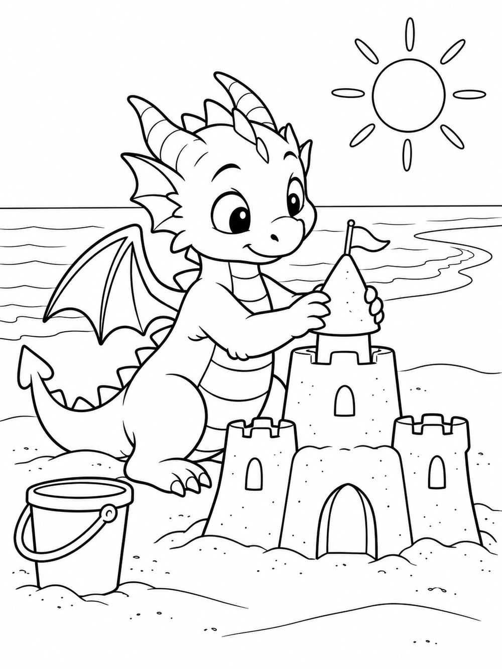 Small dragon building a sandcastle on the beach coloring page