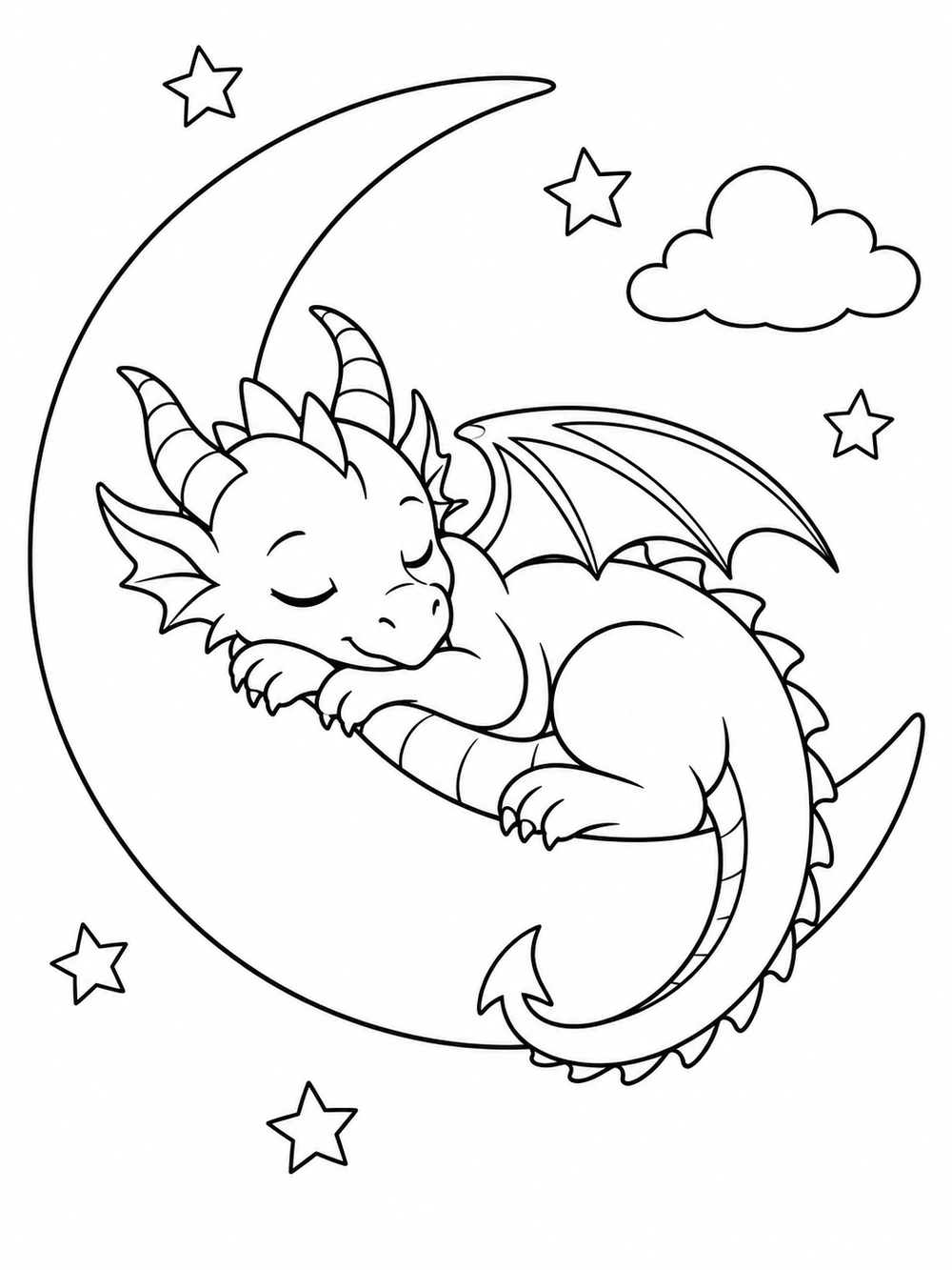 Sleepy dragon curled on a crescent moon with stars coloring page