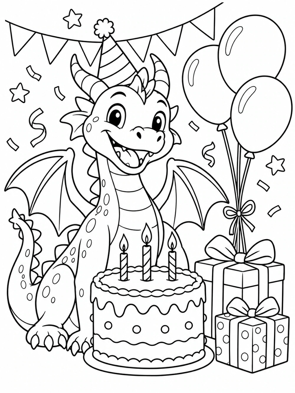 Smiling dragon celebrating with a birthday cake and gifts coloring page