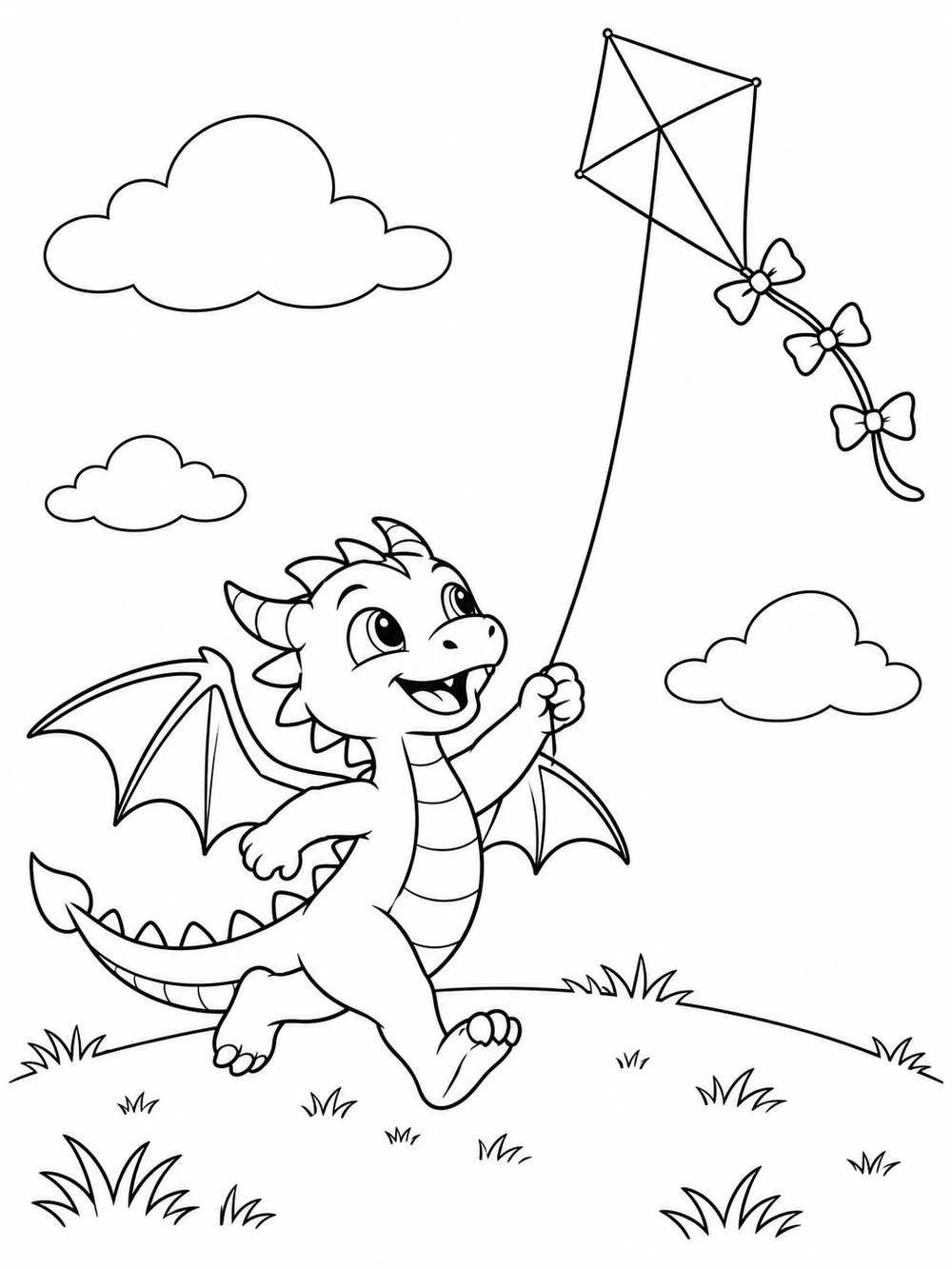 Young dragon running across a hill while flying a diamond-shaped kite with three bows, in a black-and-white coloring page.