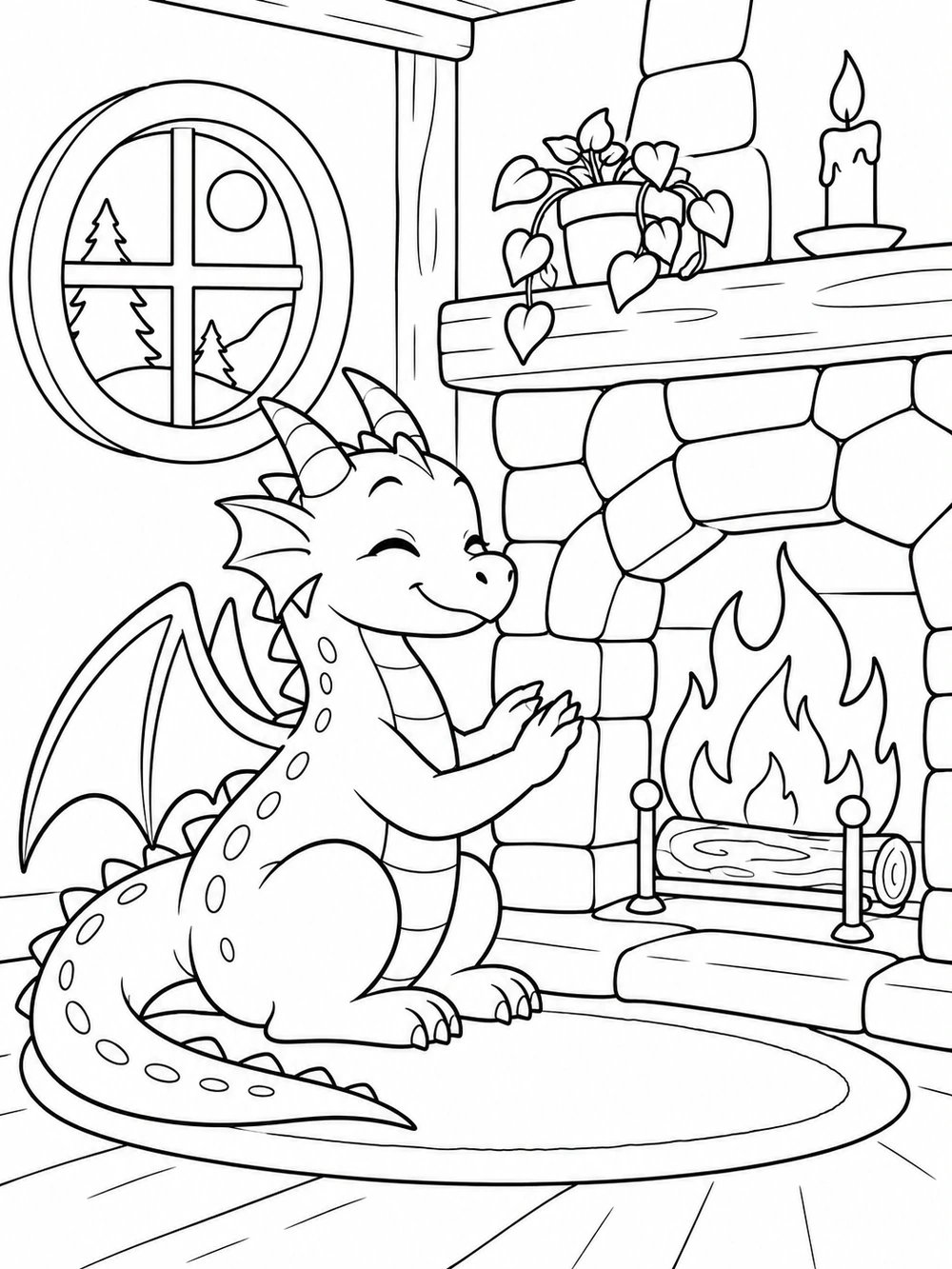 Little dragon warming its paws beside a stone cottage fireplace coloring page